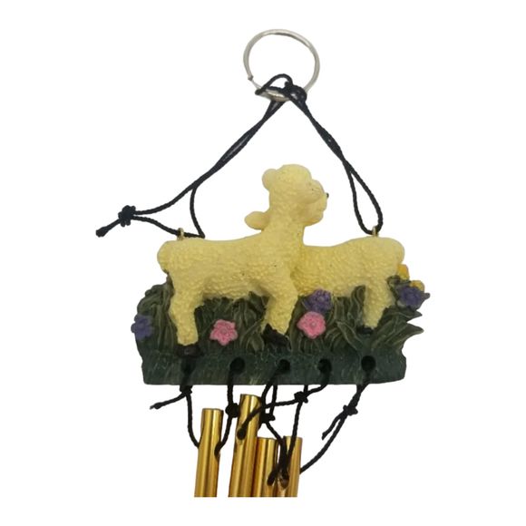 Wind Chimes Two Baby Lambs Grass Pink Blue Floral Flowers Metal Rod Resin - Picture 6 of 6